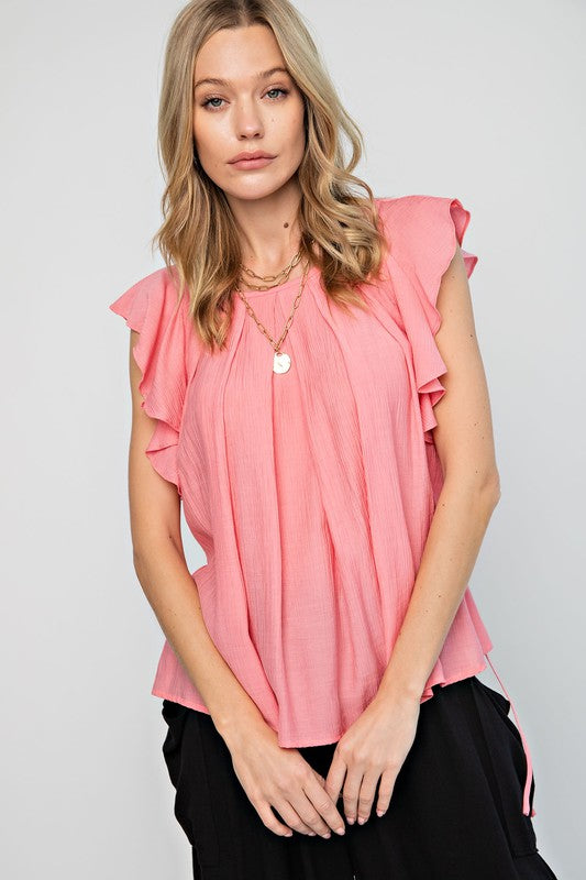 WING SLEEVE RUFFLE SILKY VOILE TOP