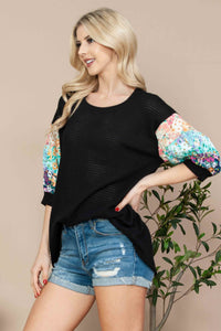 WAFFLE KNIT WITH FLORAL SLEEVES PLUS