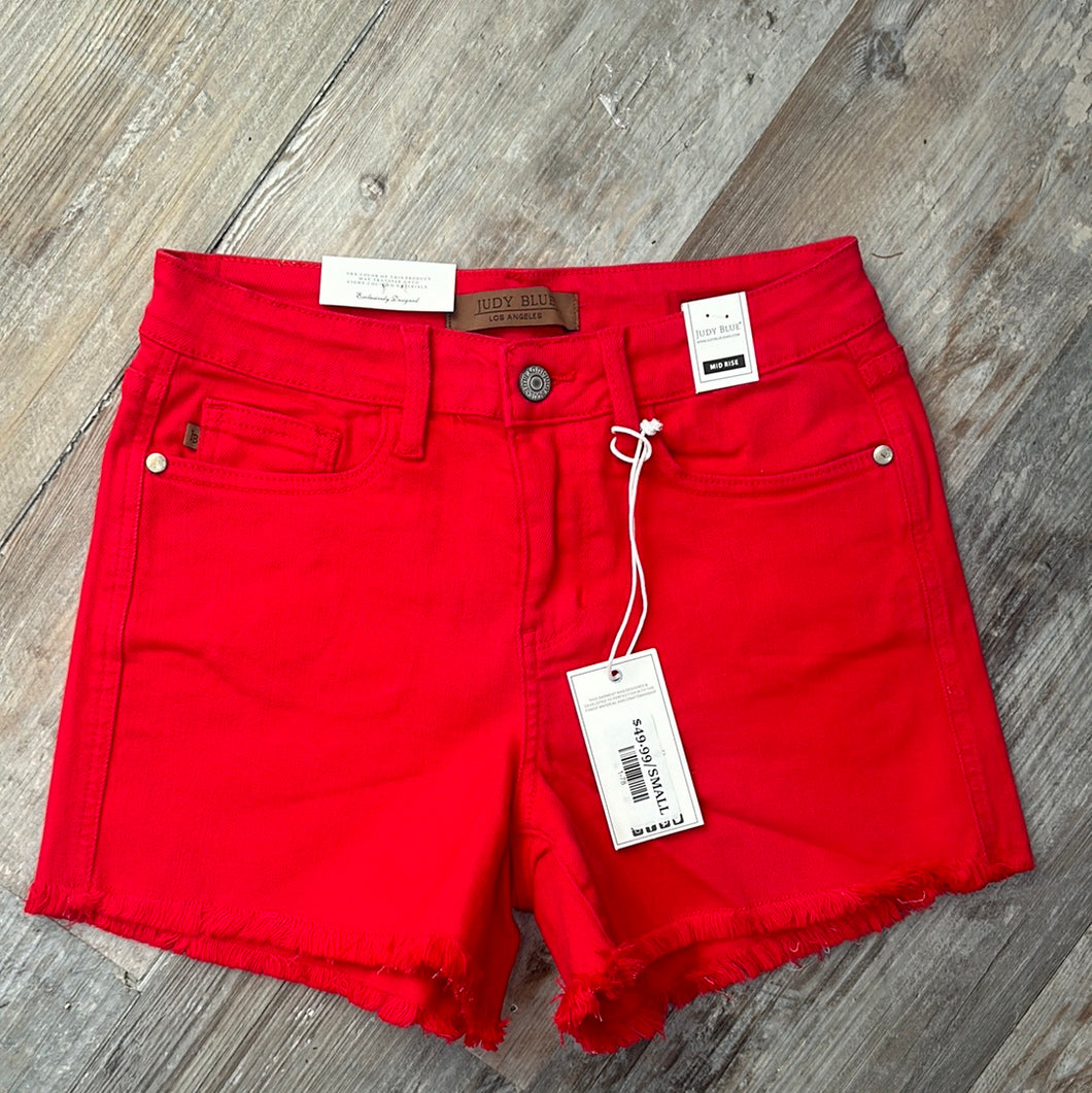 JUDY BLUE MID RISE RED FRAYED SHORTS
