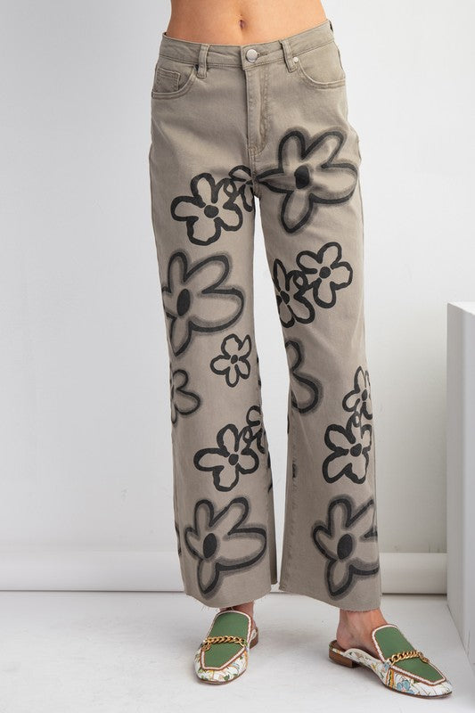 FLOWER PRINTED WASHED PANT