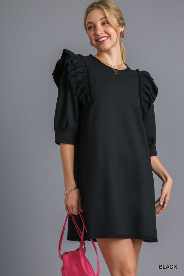 ROUND NECK FRENCH TERRY DRESS WITH RUFFLES TWO COLORS