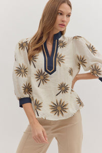 BOTANICAL EMBROIDERY 3/4 PUFF SLEEVE TOP