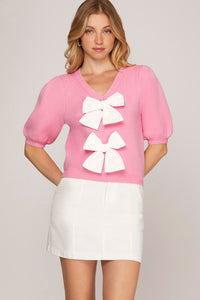 SHORT PUFF SLEEVE BOW FRONT SWEATER TOP