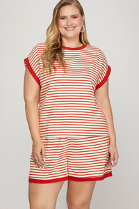 SHORT SLEEVE CONTRAST RIB STRIPED KNIT TOP