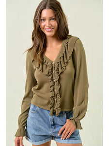 OLIVE RUFFLE CONTRAST FINE GAUGE BUTTON FRONT TOP
