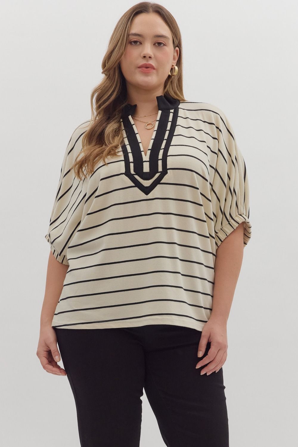 STRIPED SHORT DOLMAN SLEEVE TOP