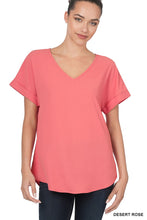 Load image into Gallery viewer, WOVEN HEAVY DOBBY ROLLED SLEEVE V-NECK TOP
