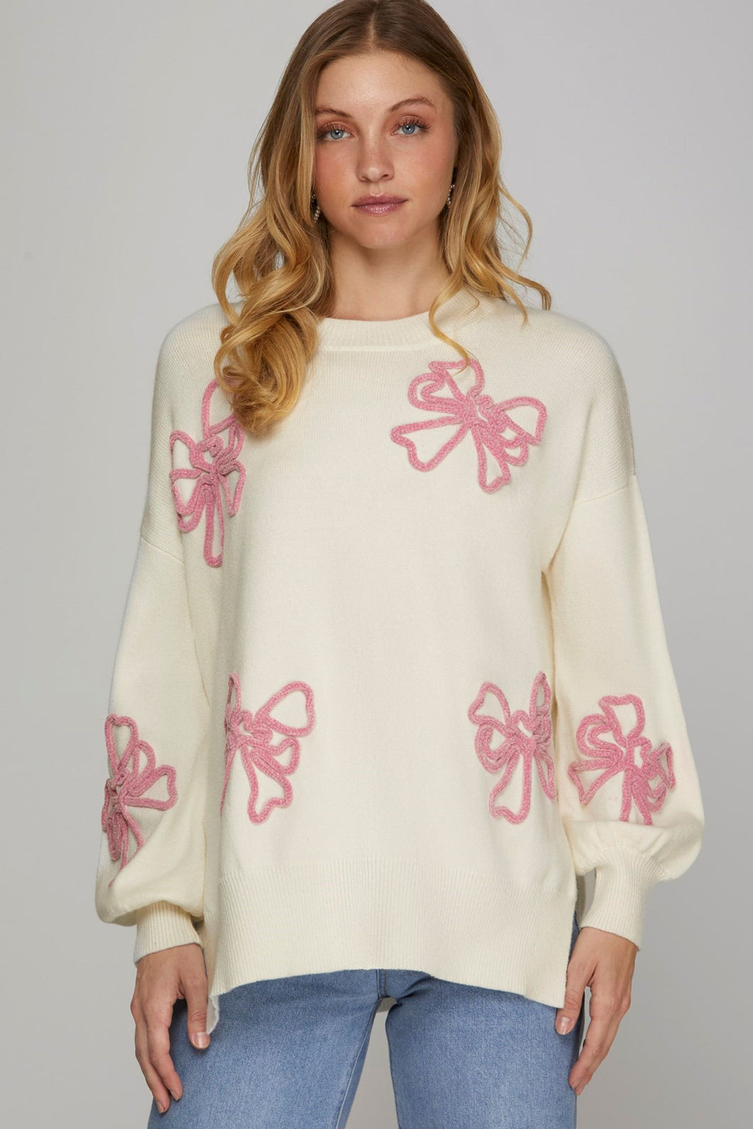 PINK VELVET BOW KNIT SWEATER