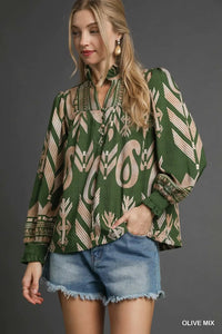 Boho Print Ruffle Neck Blouse