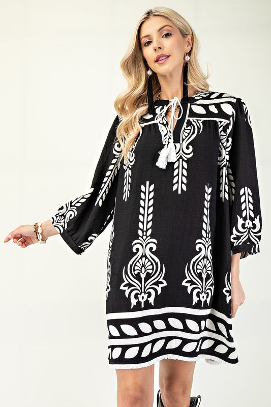 Printed 3/4 Sleeve Dress With Tassel Tie
