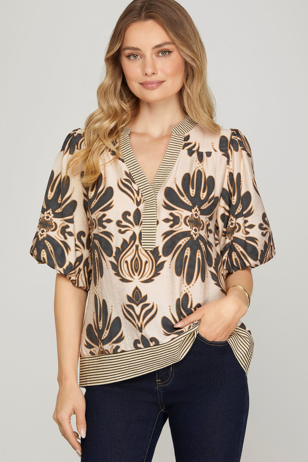 BUBBLE SLEEVE PRINTED WOVEN TOP