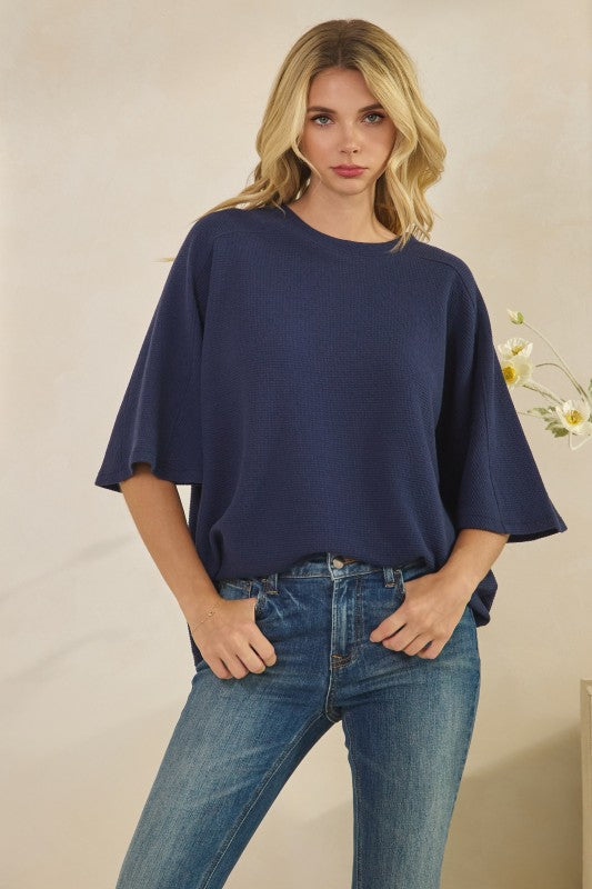 Cloudy Knit 3/4 Sleeve Round Neck Top