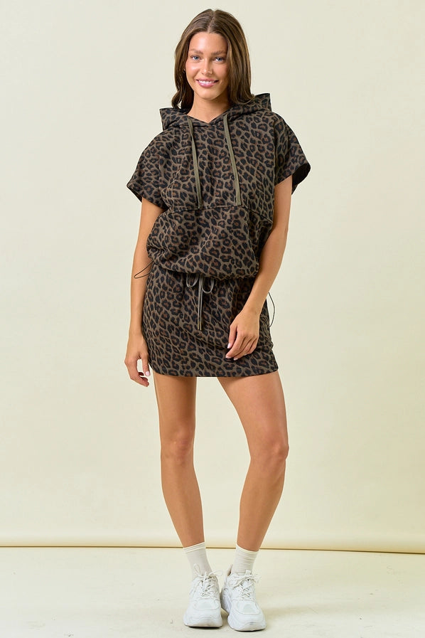 LEOPARD TERRY DRAWSTRING BOTTOM SLEEVELESS HOODIE