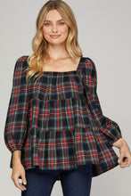 Load image into Gallery viewer, 3/4 SLEEVE TIERED SQUARE NECK PLAID PRINT WOVEN TOP

