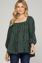 Load image into Gallery viewer, 3/4 SLEEVE TIERED SQUARE NECK PLAID PRINT WOVEN TOP
