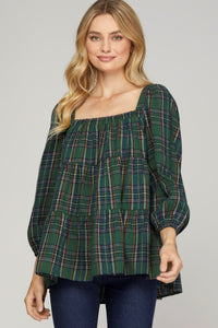 3/4 SLEEVE TIERED SQUARE NECK PLAID PRINT WOVEN TOP