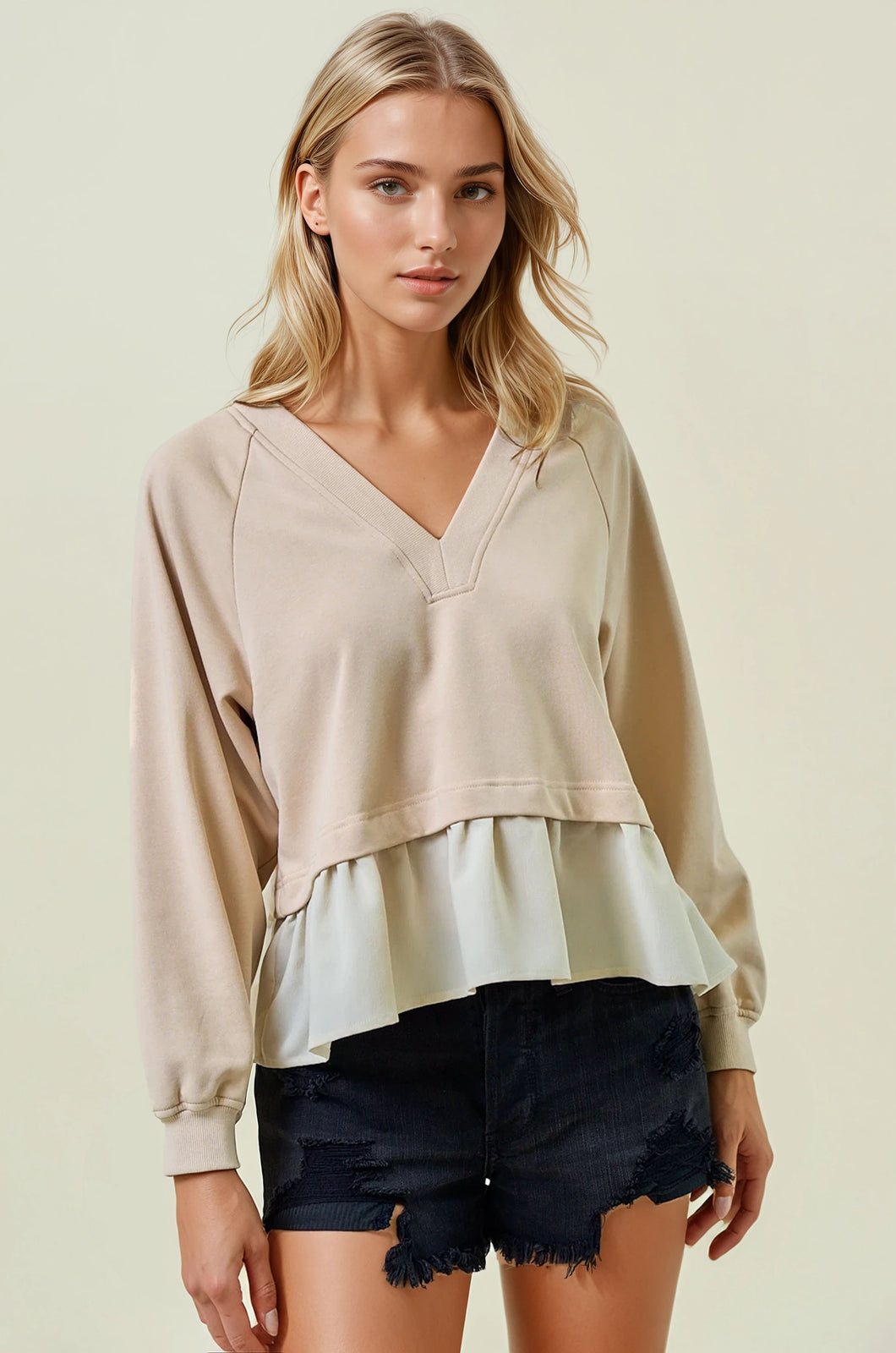 SWEATSHIRT TWOFER V NECK TOP