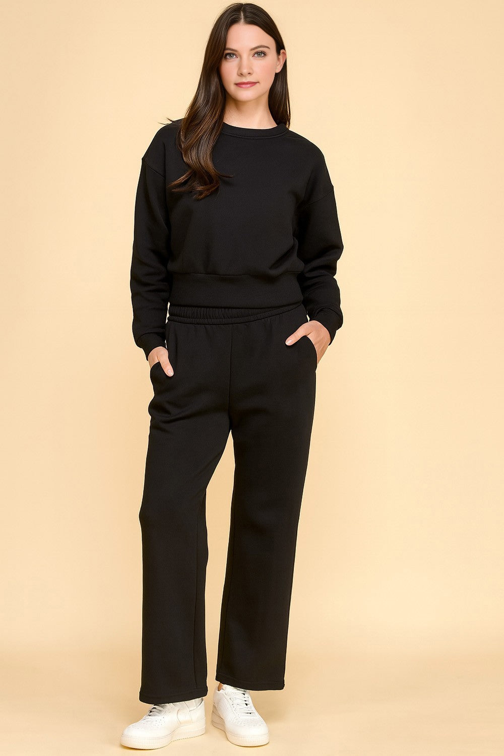 SOLID ROUND NECK LONG SLEEVE SWEATSHIRT AND WIDE LEG PANT SET