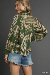 Boho Print Ruffle Neck Blouse