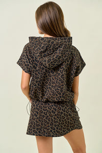 LEOPARD TERRY DRAWSTRING BOTTOM SLEEVELESS HOODIE