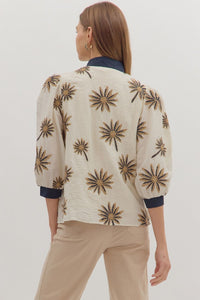BOTANICAL EMBROIDERY 3/4 PUFF SLEEVE TOP