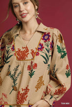 Load image into Gallery viewer, TAN FLORAL PRINT TEXTURED FABRIC COLLARED TOP
