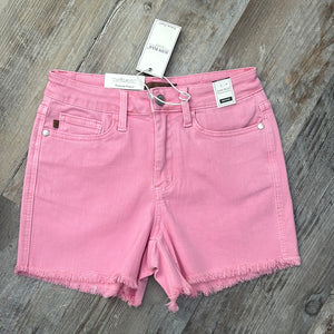 JUDY BLUE MID RISE PINK FRAYED SHORTS