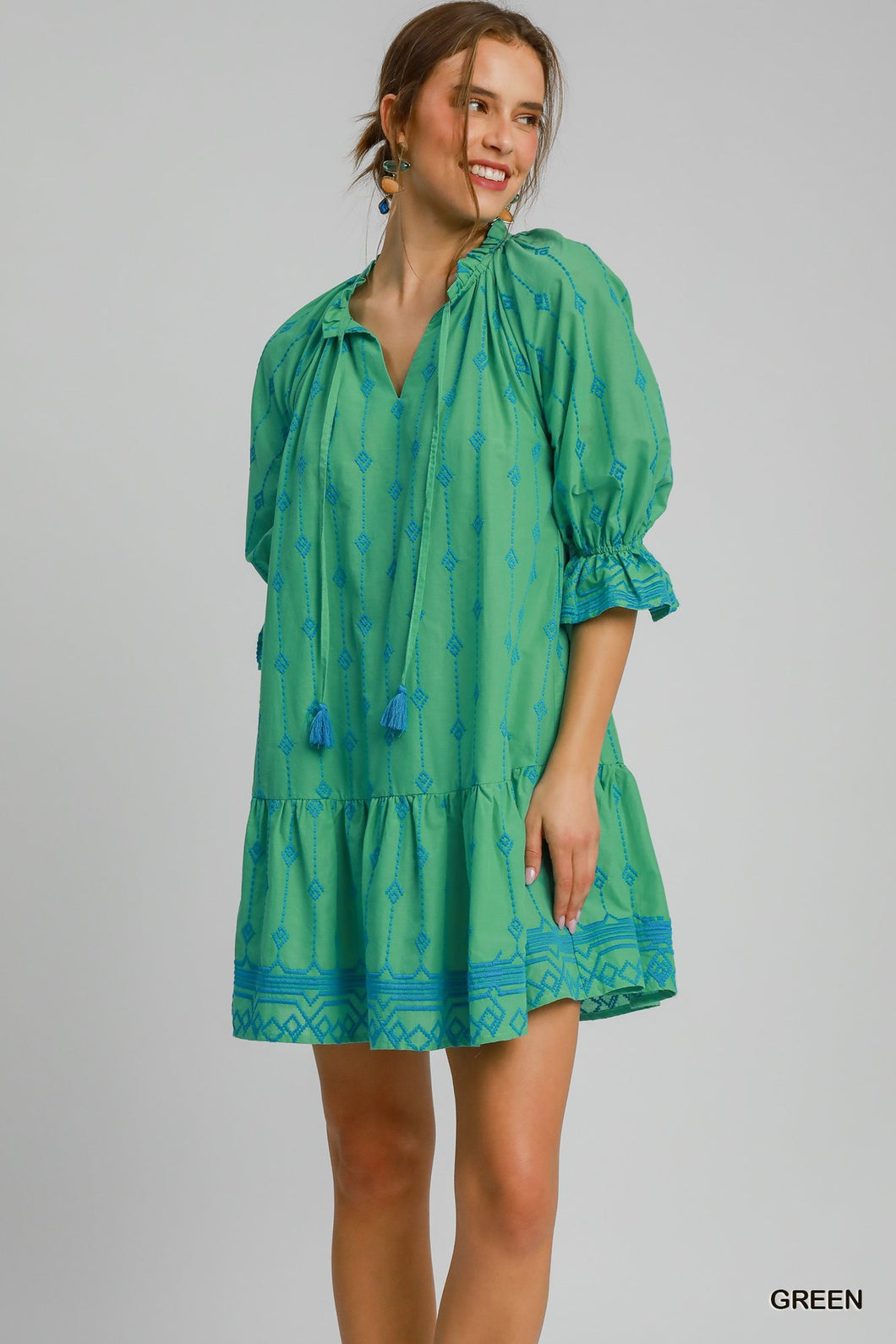 Embroidered Spilt Neck Dress