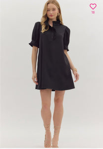 BLACK BUTTON-DOWN RUFFLE SLEEVE DRESS