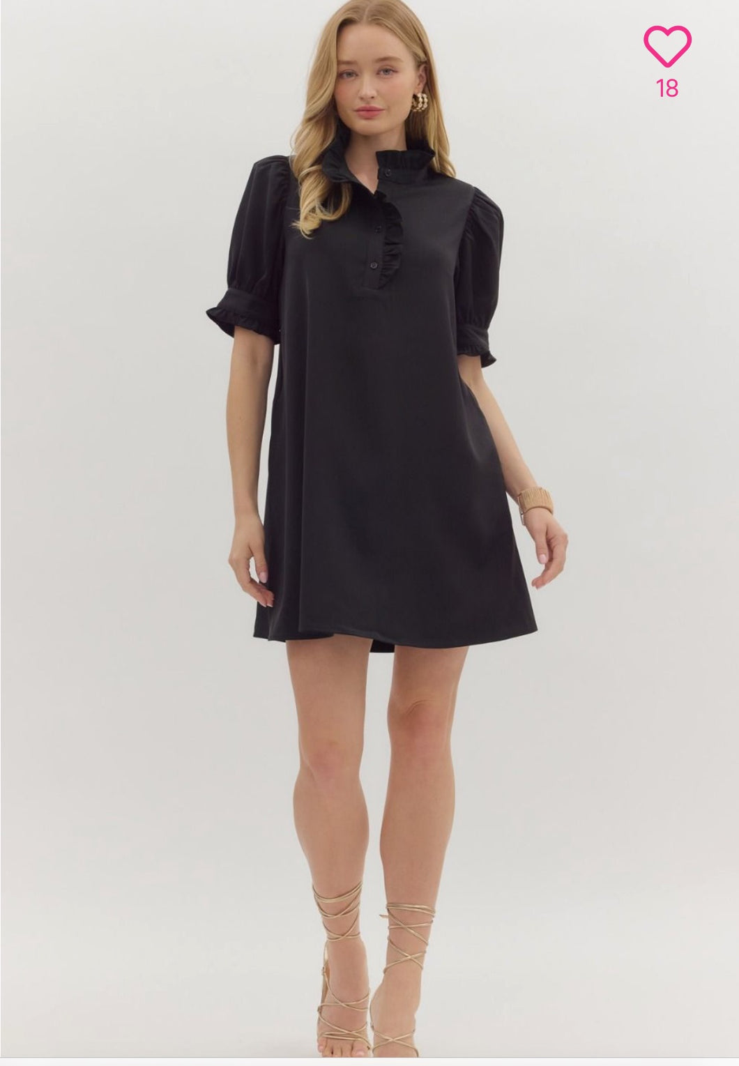 BLACK BUTTON-DOWN RUFFLE SLEEVE DRESS