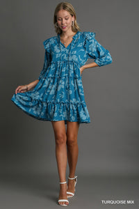 TIERED FLORAL PRINT 3/4 SLEEVE RUFFLE NECK-TIE DRESS