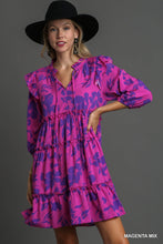 Load image into Gallery viewer, TIERED FLORAL PRINT 3/4 SLEEVE RUFFLE NECK-TIE DRESS
