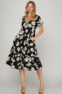DROP SHOULDER WOVEN PRINT MIDI DRESS W TRIM LACE DETAIL