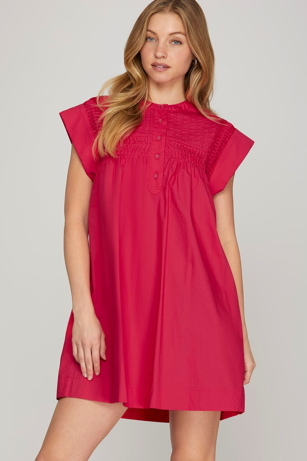 DROP SHOULDER PINTUCK DETAIL MINI DRESS WITH POCKETS