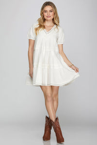 SHORT SLEEVE MINI DRESS W LACE TRIM