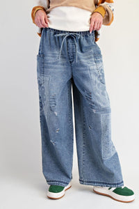PATCHWORK PRINTED WASHED DENIM PANTS