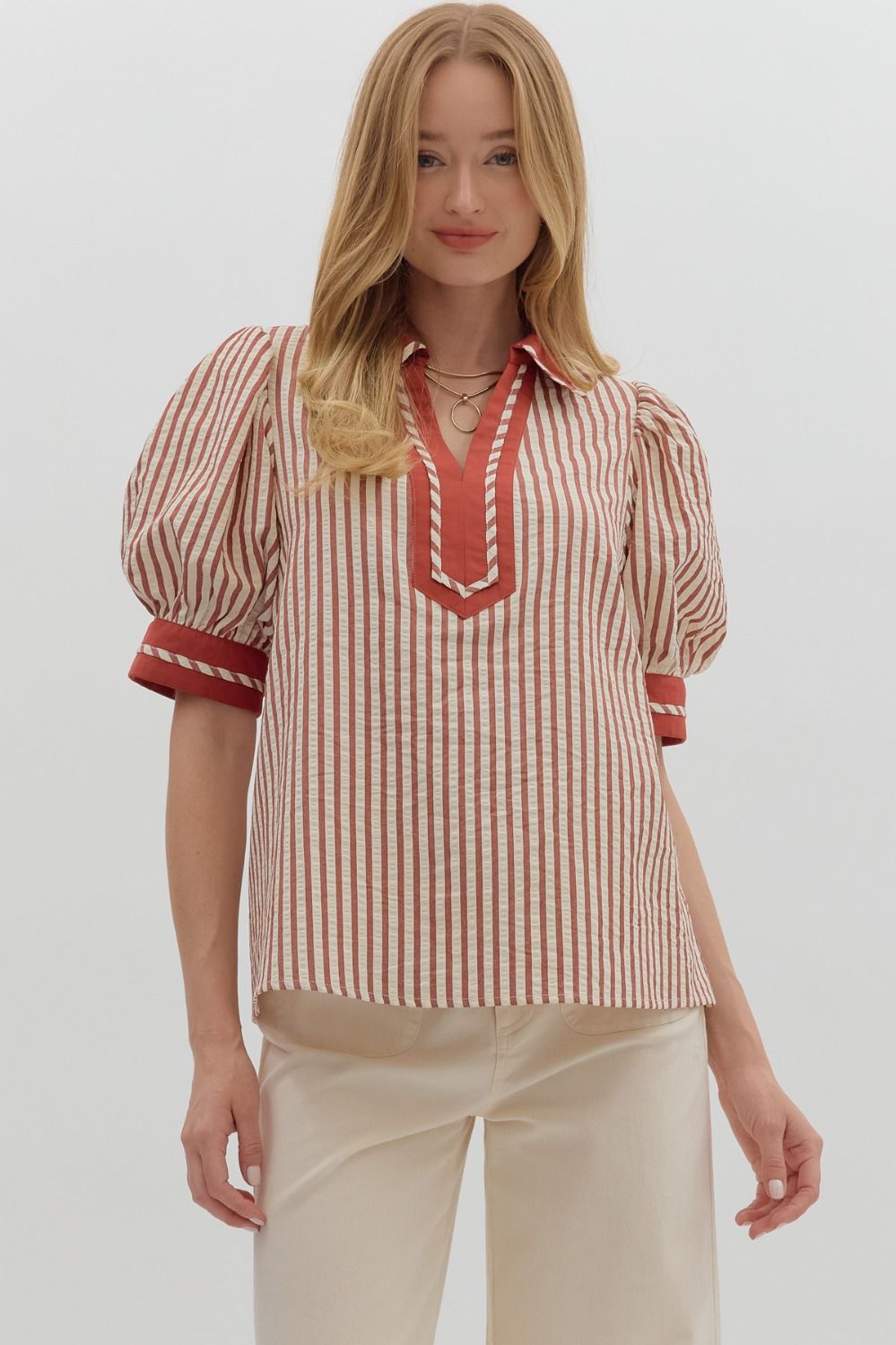 STRIPE PATTERN CONTRAST CUFF BAND SLEEVE TOP
