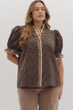 Load image into Gallery viewer, BUTTON CLOSURE LEOPARD PRINT W/ CONTRAST STRIPED TRIM PUFF SLEEVE TOP
