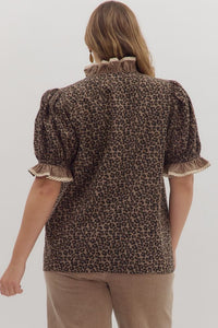 BUTTON CLOSURE LEOPARD PRINT W/ CONTRAST STRIPED TRIM PUFF SLEEVE TOP