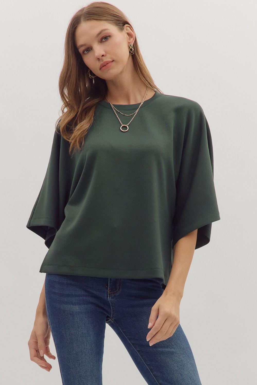 BUTTERY SOFT DARK GREEN SOILD ELBOW SLEEVE TOP