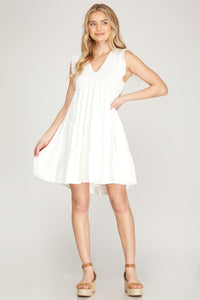 RUFFLED SLEEVE WOVEN SMOCKED DRESS WITH TIERED SKIRT